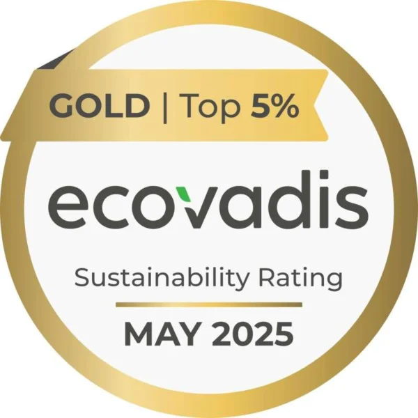 A gold medal with the text "GOLD | Top 5%" and "ecovadis" in black and green. Underneath is "Sustainability Rating" and at the bottom "MAY 2025". The medal has a circular shape with a golden rim.