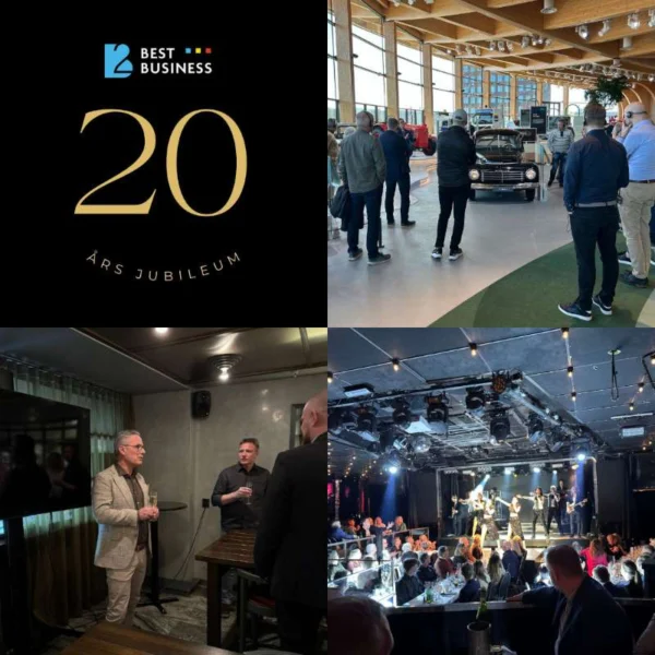 The logo with the text "Best Business 20 Years Anniversary" in gold is in the upper left corner. The upper right depicts a group of people standing in a bright, modern room with large windows, inspecting an old car. The lower left shows two men discussing in an elegantly decorated room with a large screen. The bottom right shows a festive scene with a band performing, where an audience is enjoying the show with food and drinks.
