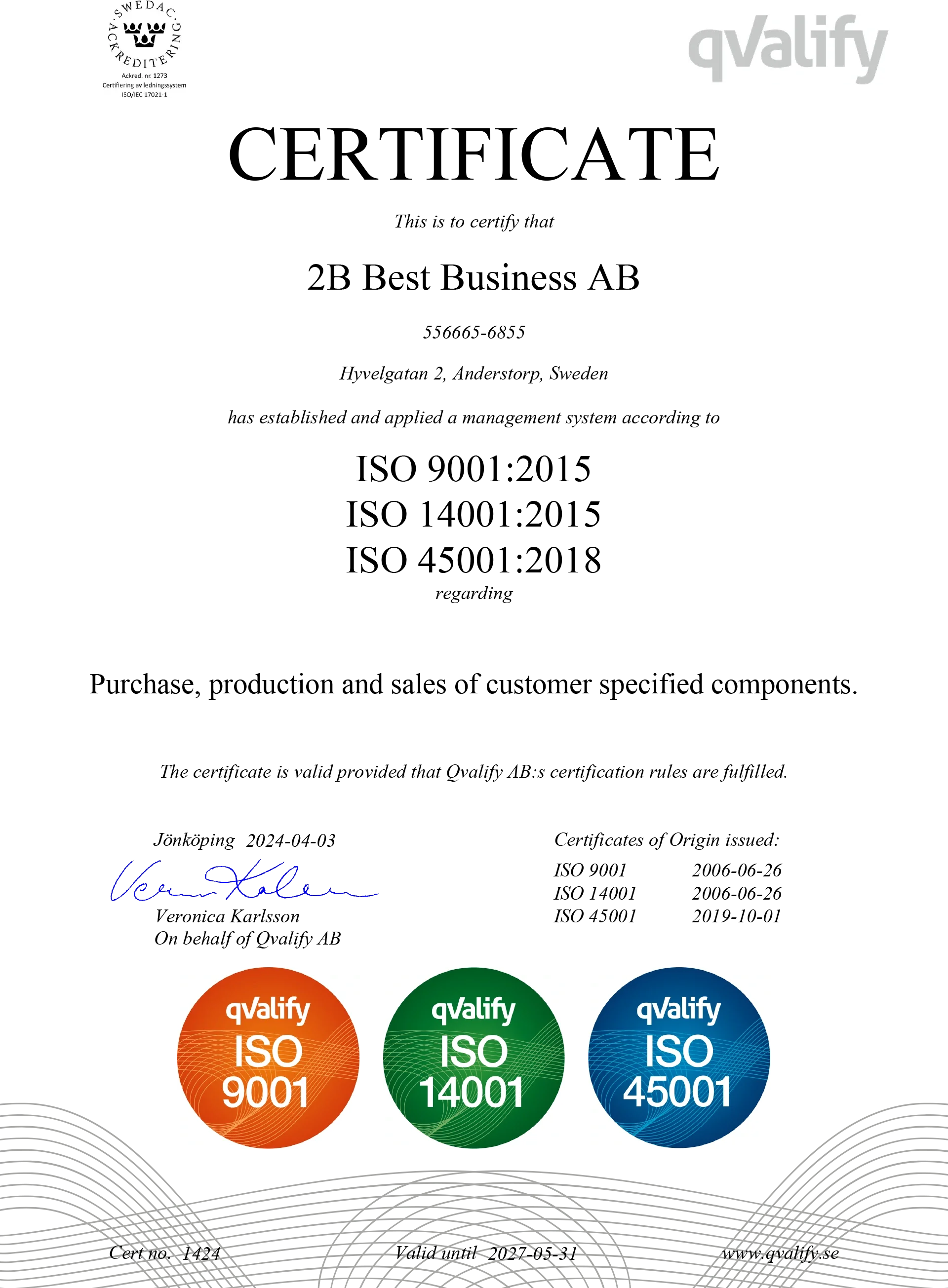 Certificate from Swedac for accreditation, with the Qvalify logo in the top right corner. Three circular icons in rows below, labeled ISO 9001 in orange, ISO 14001 in green and ISO 45001 in blue. At the bottom is an underlying design with stylized waveforms. Signed with a blue signature.